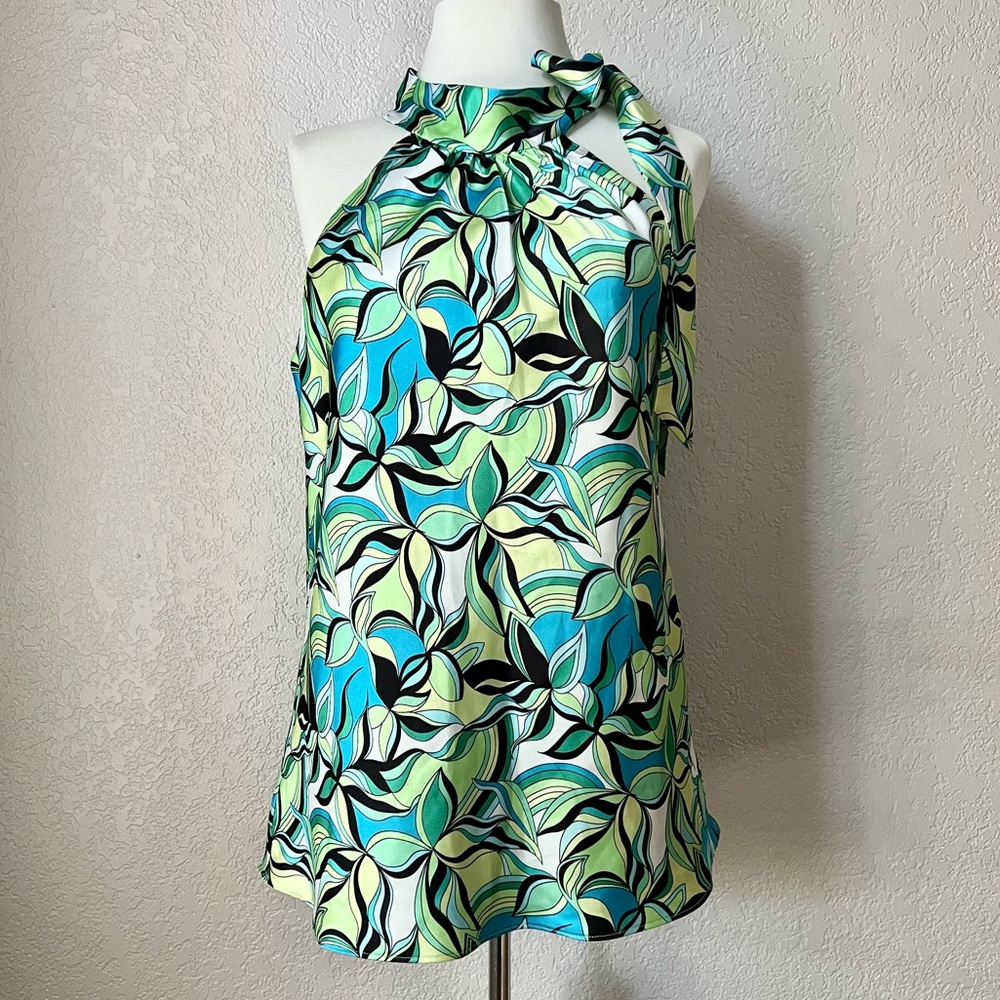 INC Green Turquoise White Halter Tops Casual Floral Summer Sleeveless Blouse